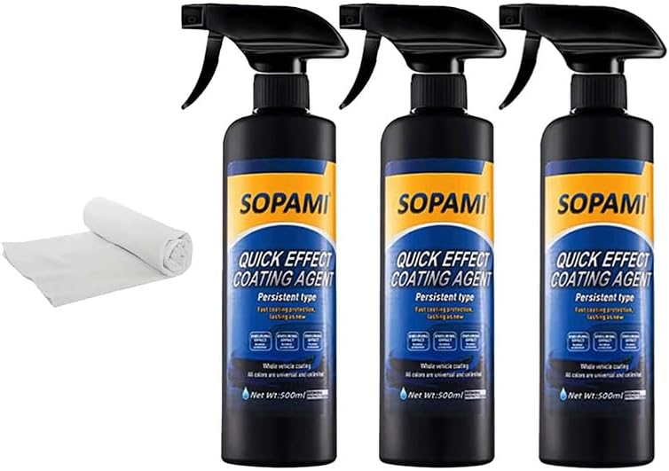 SOPAMI Car Coating Spray,Quick Effect Coating Agent,Quickly Coat Car Wax,Car Scratch Wax Polish Spray Waterless Wash,Oil Film Emulsion Glass Cleaner with towel (3 pcs) - Image 1